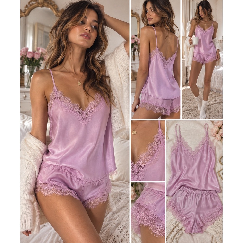Victoria's Secret Large Pink Satin Lace Cami Shorts Set Y2K Coquette Lingerie